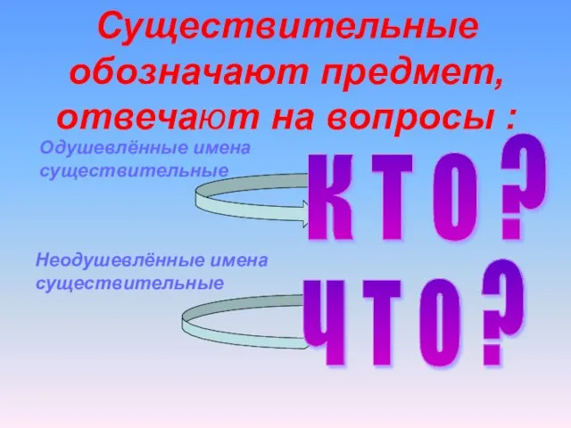 Существительные обозначают предмет, отвечают на вопросы : к т о ? ч