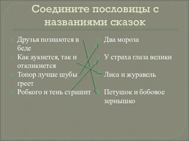 Соедините пословицы с названиями сказок Друзья познаются в беде Как аукнется, так