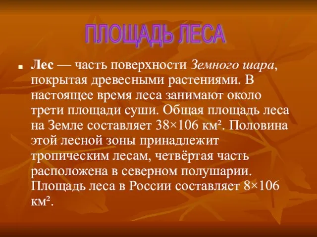 Лес — часть поверхности Земного шара, покрытая древесными растениями. В настоящее время