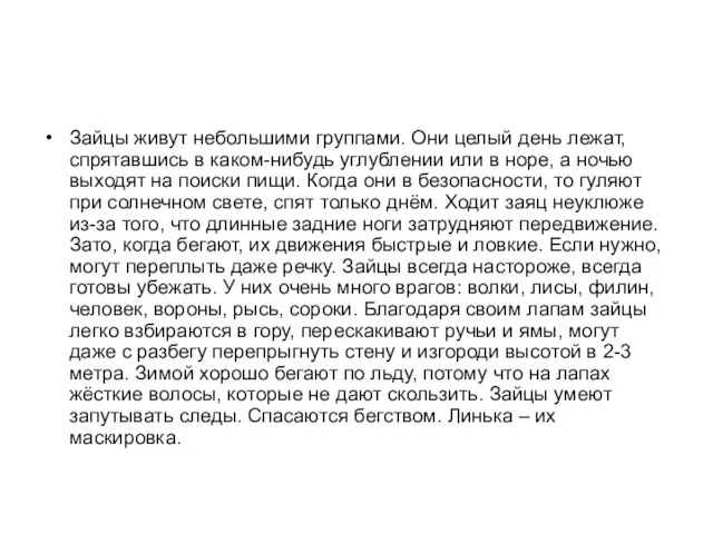 Зайцы живут небольшими группами. Они целый день лежат, спрятавшись в каком-нибудь углублении