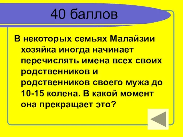 40 баллов В некоторых семьях Малайзии хозяйка иногда начинает перечислять имена всех