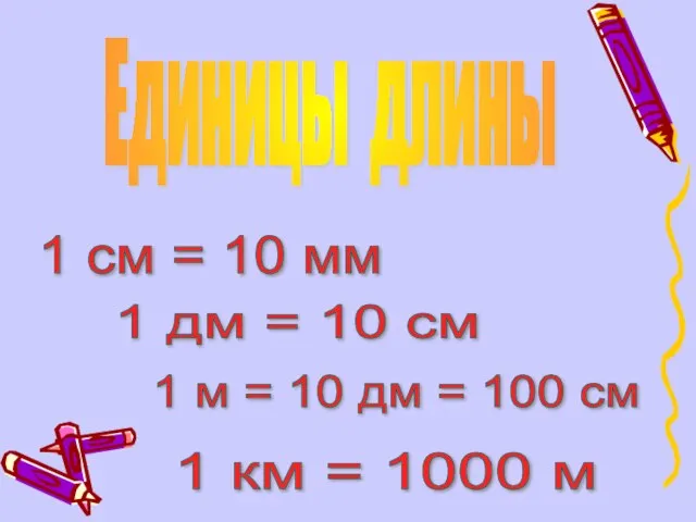 1 см = 10 мм 1 дм = 10 см 1 м