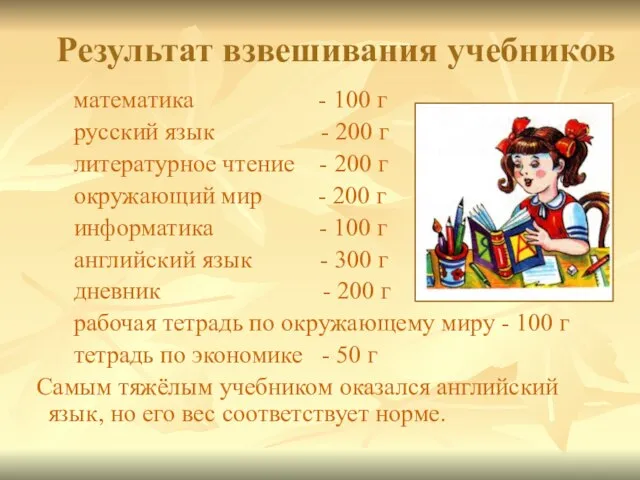 Результат взвешивания учебников математика - 100 г русский язык - 200 г