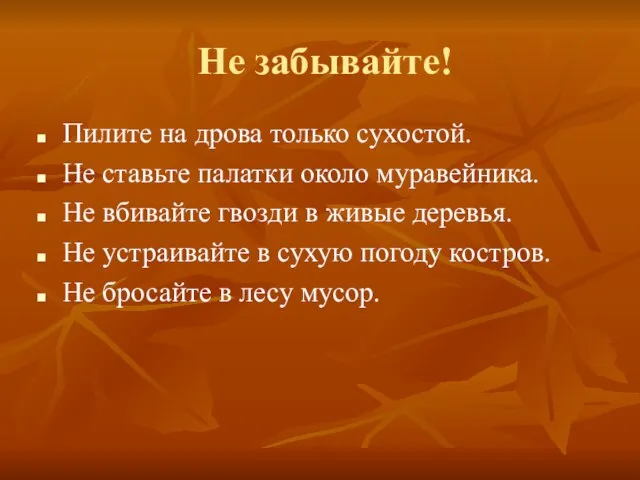 Не забывайте! Пилите на дрова только сухостой. Не ставьте палатки около муравейника.