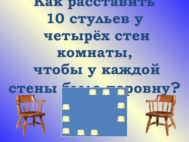 Как расставить 10 стульев у четырёх стен комнаты, чтобы у каждой стены было поровну?