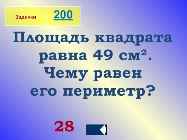 Площадь квадрата равна 49 см². Чему равен его периметр? 28