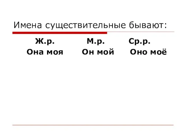 Имена существительные бывают: Ж.р. М.р. Ср.р. Она моя Он мой Оно моё