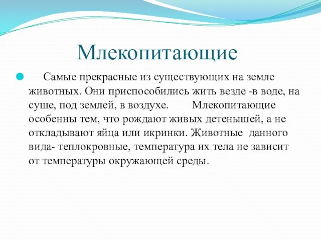 Млекопитающие Самые прекрасные из существующих на земле животных. Они приспособились жить везде