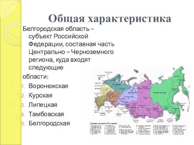 Общая характеристика Белгородская область – субъект Российской Федерации, составная часть Центрально –