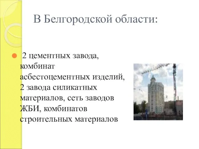 В Белгородской области: 2 цементных завода, комбинат асбестоцементных изделий, 2 завода силикатных