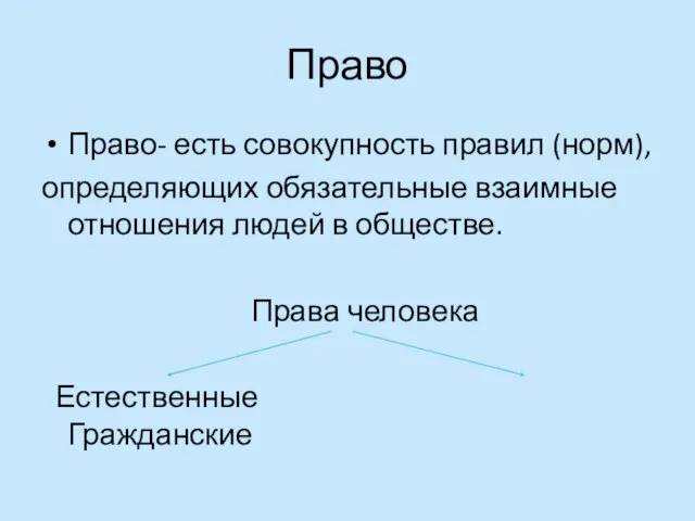 Право Право- есть совокупность правил (норм), определяющих обязательные взаимные отношения людей в