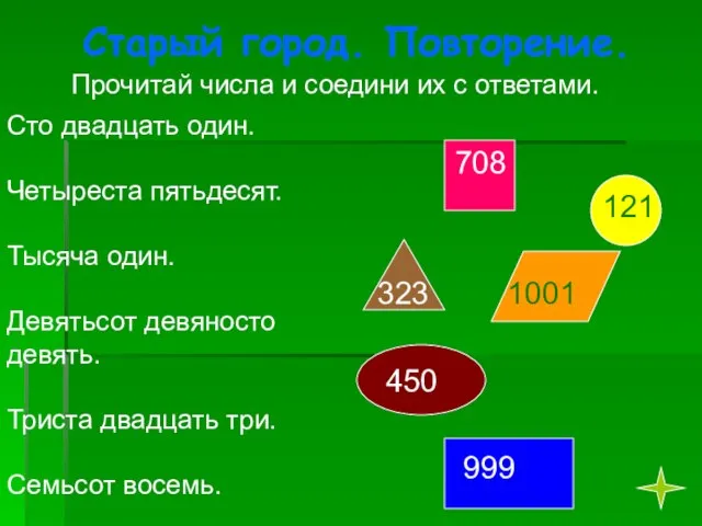 Старый город. Повторение. 708 121 323 1001 450 999 Прочитай числа и