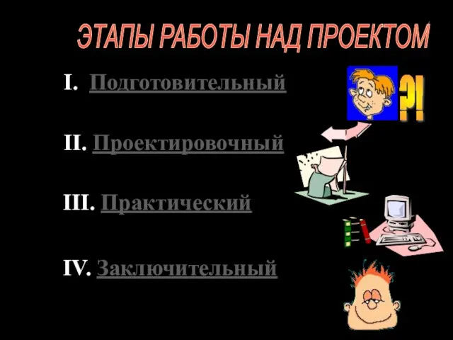 ЭТАПЫ РАБОТЫ НАД ПРОЕКТОМ Подготовительный II. Проектировочный III. Практический IV. Заключительный