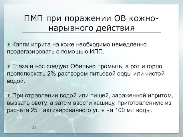 ПМП при поражении ОВ кожно-нарывного действия ᴥ Капли иприта на коже необходимо