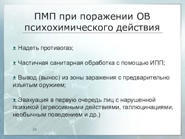 ПМП при поражении ОВ психохимического действия ᴥ Надеть противогаз; ᴥ Частичная санитарная