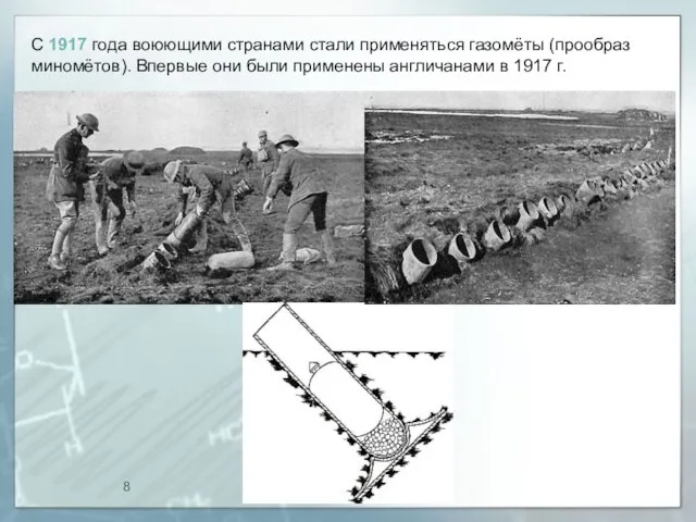 С 1917 года воюющими странами стали применяться газомёты (прообраз миномётов). Впервые они