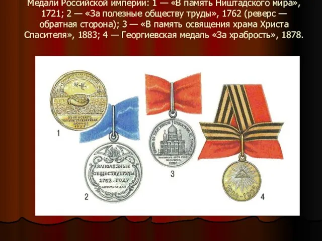 Медали Российской империи: 1 — «В память Ништадского мира», 1721; 2 —