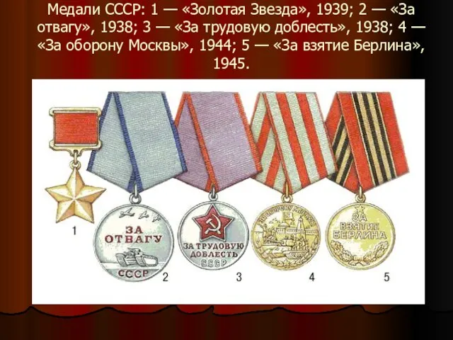 Медали СССР: 1 — «Золотая Звезда», 1939; 2 — «За отвагу», 1938;