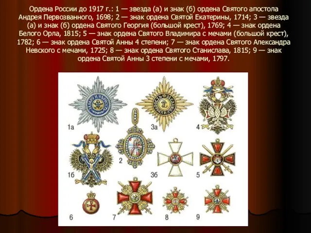 Ордена России до 1917 г.: 1 — звезда (а) и знак (б)