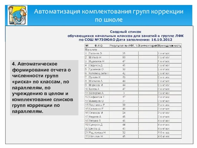 Автоматизация комплектования групп коррекции по школе 4. Автоматическое формирование отчета о численности