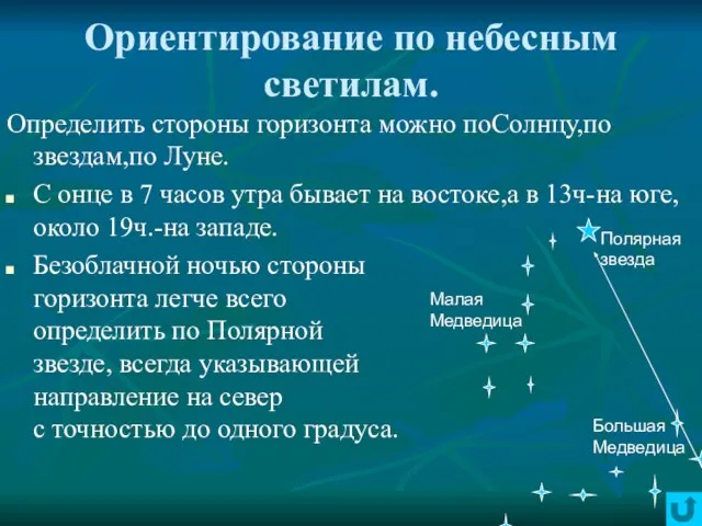 Ориентирование по небесным светилам. Определить стороны горизонта можно поСолнцу,по звездам,по Луне. С