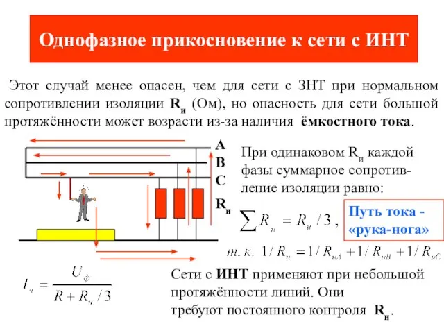 Однофазное прикосновение к сети с ИНТ Этот случай менее опасен, чем для