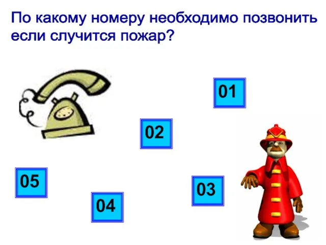 По какому номеру необходимо позвонить если случится пожар? 05 04 03 02 01