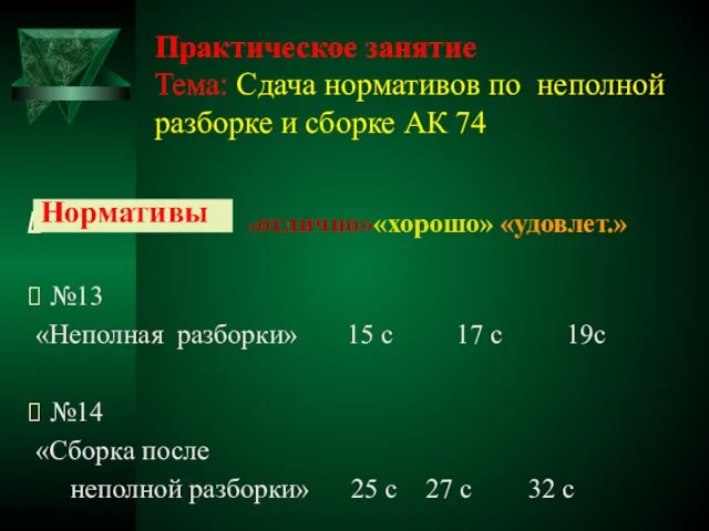 Практическое занятие Тема: Сдача нормативов по неполной разборке и сборке АК 74