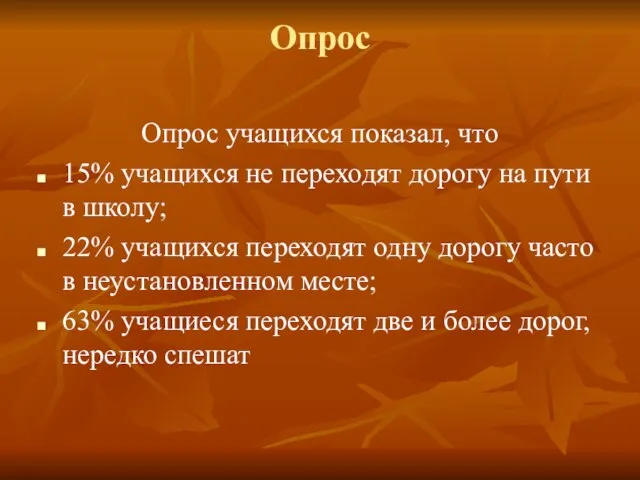 Опрос Опрос учащихся показал, что 15% учащихся не переходят дорогу на пути