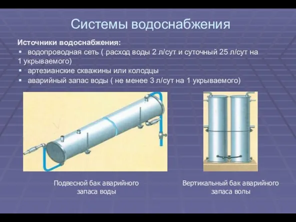 Системы водоснабжения Источники водоснабжения: водопроводная сеть ( расход воды 2 л/сут и