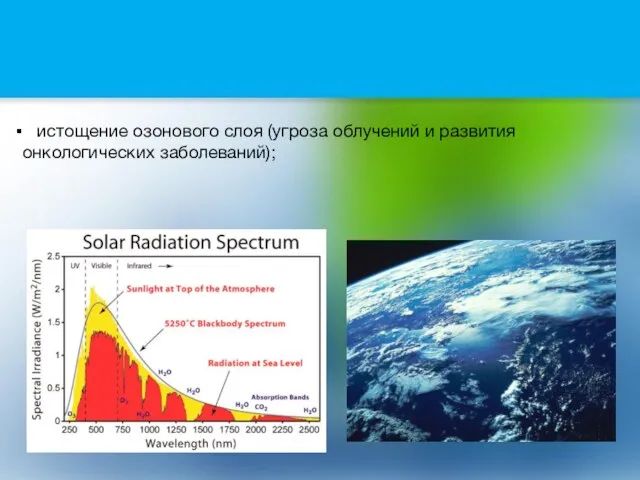 истощение озонового слоя (угроза облучений и развития онкологических заболеваний);