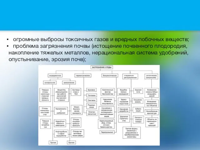 огромные выбросы токсичных газов и вредных побочных веществ; проблема загрязнения почвы (истощение