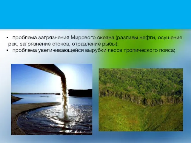 проблема загрязнения Мирового океана (разливы нефти, осушение рек, загрязнение стоков, отравление рыбы);