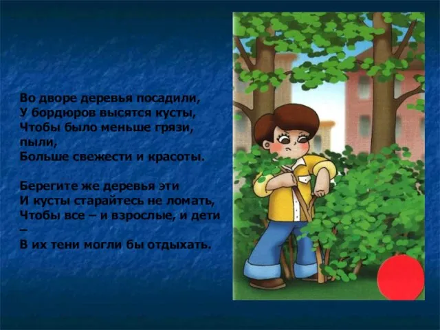 Во дворе деревья посадили, У бордюров высятся кусты, Чтобы было меньше грязи,