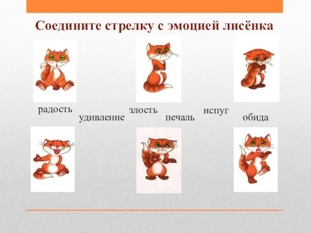 удивление злость печаль обида испуг радость Соедините стрелку с эмоцией лисёнка