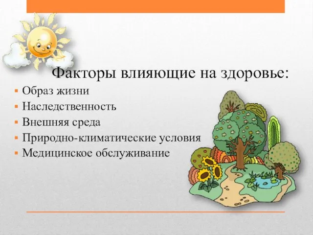 Факторы влияющие на здоровье: Образ жизни Наследственность Внешняя среда Природно-климатические условия Медицинское обслуживание