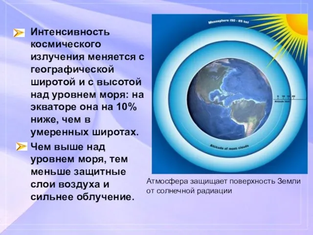 Интенсивность космического излучения меняется с географической широтой и с высотой над уровнем