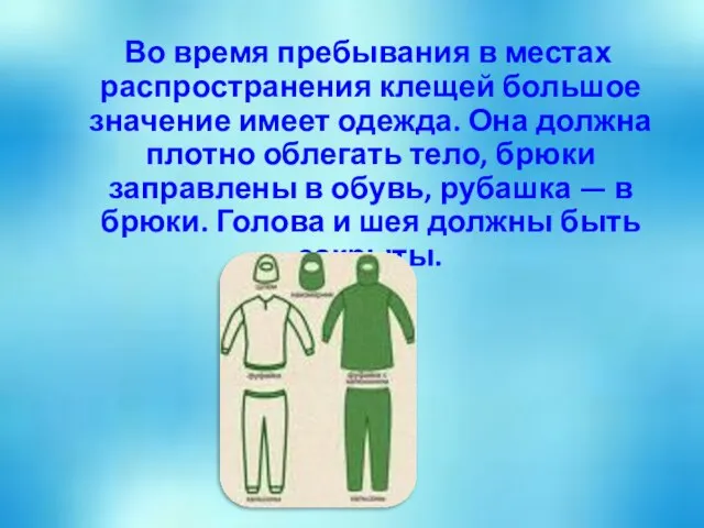 Во время пребывания в местах распространения клещей большое значение имеет одежда. Она