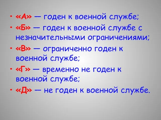 «А» — годен к военной службе; «Б» — годен к военной службе