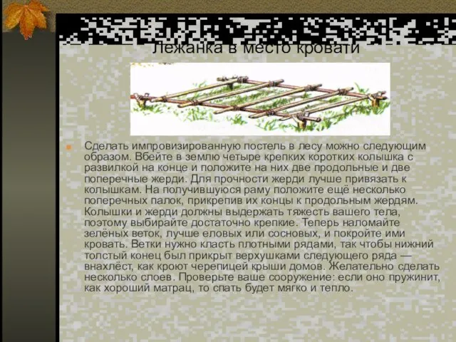 Лежанка в место кровати Сделать импровизированную постель в лесу можно следующим образом.