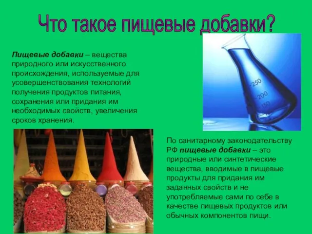 Что такое пищевые добавки? Пищевые добавки – вещества природного или искусственного происхождения,