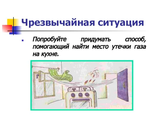 Чрезвычайная ситуация Попробуйте придумать способ, помогающий найти место утечки газа на кухне.