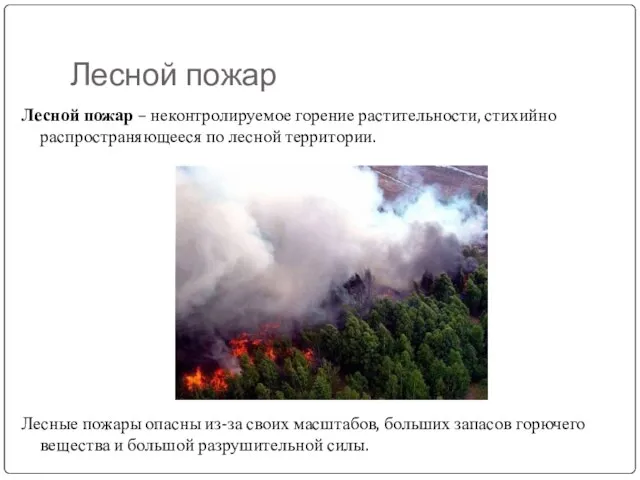 Лесной пожар Лесной пожар – неконтролируемое горение растительности, стихийно распространяющееся по лесной