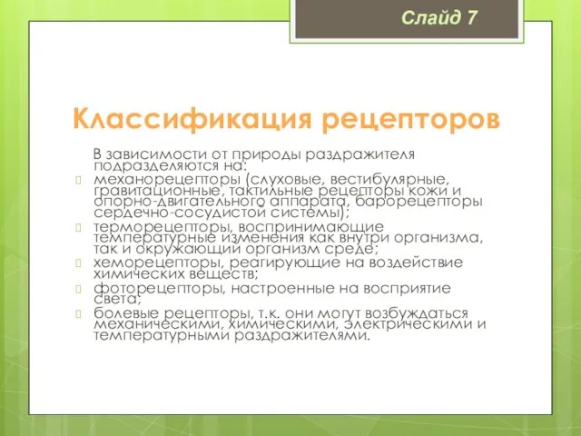 Классификация рецепторов В зависимости от природы раздражителя подразделяются на: механорецепторы (слуховые, вестибулярные,