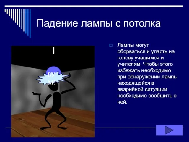 Падение лампы с потолка Лампы могут оборваться и упасть на голову учащимся