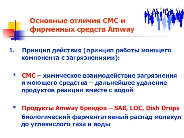 Основные отличия СМС и фирменных средств Amway 1. Принцип действия (принцип работы