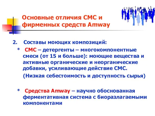 Основные отличия СМС и фирменных средств Amway 2. Составы моющих композиций: *