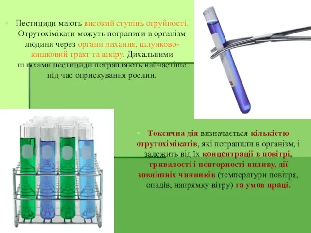 Пестициди мають високий ступінь отруйності. Отрутохімікати можуть потрапити в організм людини через