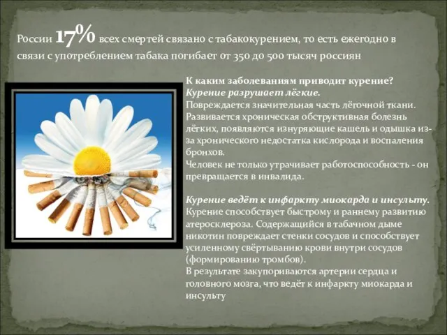 России 17% всех смертей связано с табакокурением, то есть ежегодно в связи