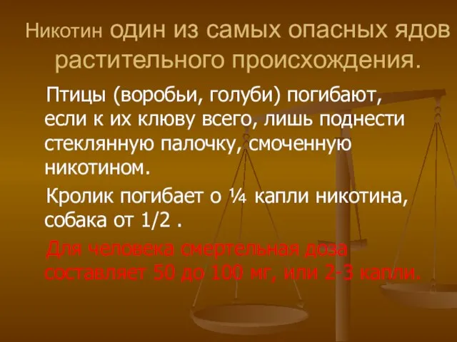 Никотин один из самых опасных ядов растительного происхождения. Птицы (воробьи, голуби) погибают,